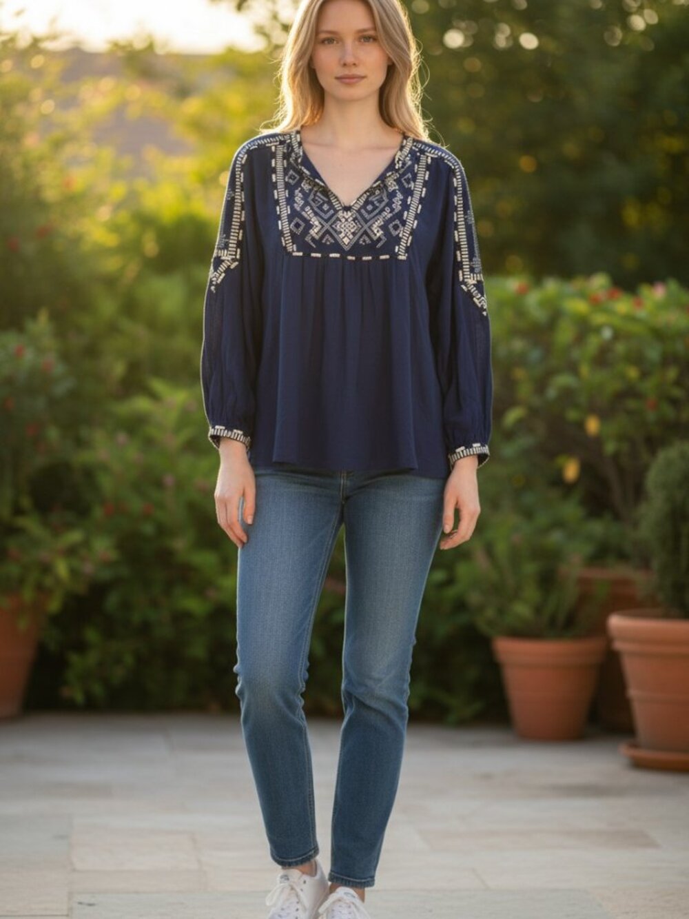Ba&sh Navy Blue Long Sleeve Embroidered Boho Top Size 0